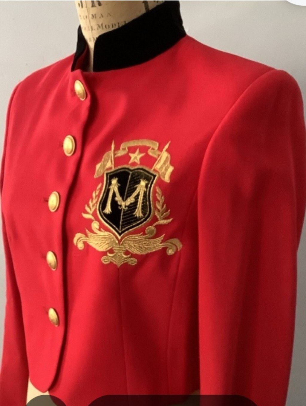 Mondi Red Military-Style Blazer With Black Collar And Gold Embroidered Crest
